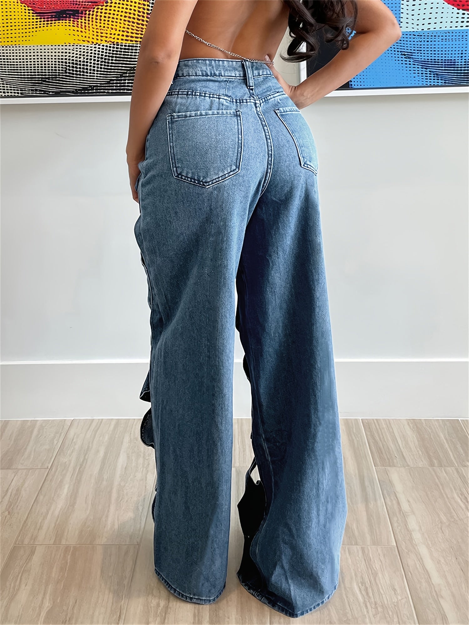 Women's High-Waisted Distressed Denim Jeans with Artistic Cutouts - Sexy Hollow-Out Design, Medium Stretch, Curvy Fit Ripped Pants for Clubwear, Street Style & Night Out